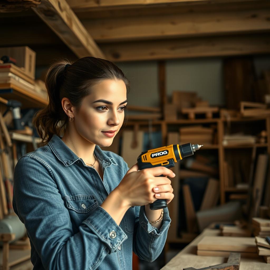 A skilled woman using a gold and black battery-powered screwdriver labeled 'PROG' as she diligently works in a carpentry workshop