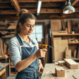 A skilled woman using a gold and black battery-powered screwdriver labeled 'PROG' as she diligently works in a carpentry workshop