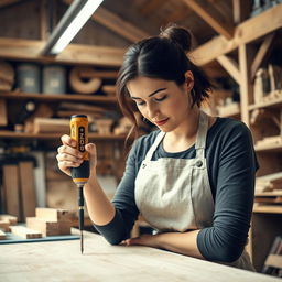 A skilled woman using a gold and black battery-powered screwdriver labeled 'PROG' as she diligently works in a carpentry workshop
