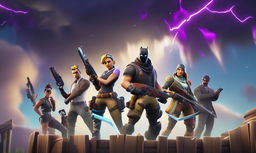 32k HD minimal Fortnite wallpaper featuring an intense battle between characters in various skins, with a storm closing in.