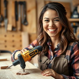 A cheerful woman smiling as she uses a golden and black power screwdriver labeled 'PROG' to drill into a piece of wood