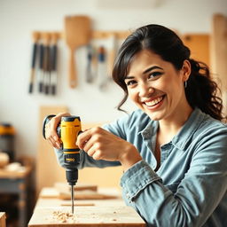A cheerful woman smiling as she uses a golden and black power screwdriver labeled 'PROG' to drill into a piece of wood