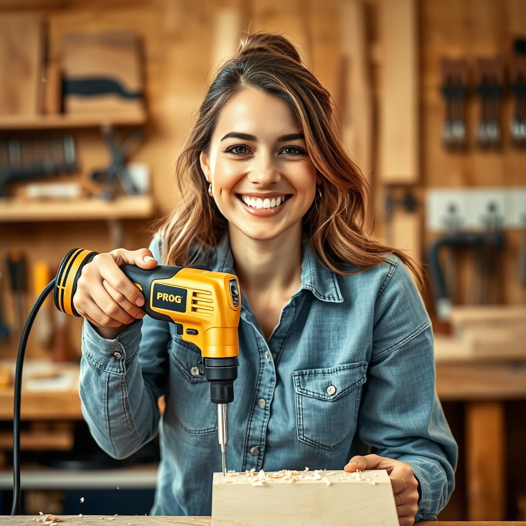 A cheerful woman smiling as she uses a golden and black power screwdriver labeled 'PROG' to drill into a piece of wood