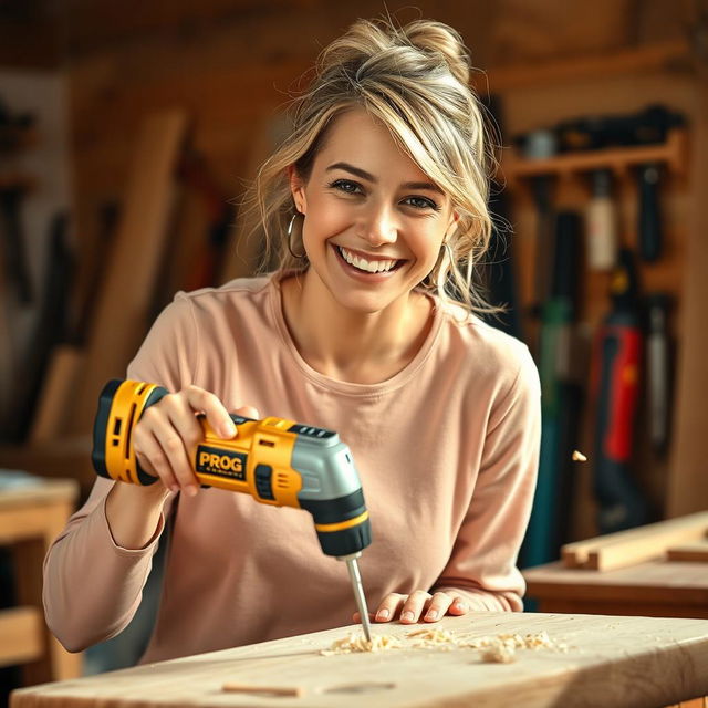 A cheerful woman smiling as she uses a golden and black power screwdriver labeled 'PROG' to drill into a piece of wood