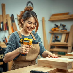 A smiling woman enthusiastically working with a golden and black power screwdriver labeled 'PROG' as she drills into a piece of wood