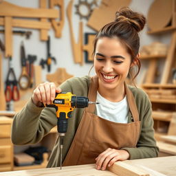 A smiling woman enthusiastically working with a golden and black power screwdriver labeled 'PROG' as she drills into a piece of wood