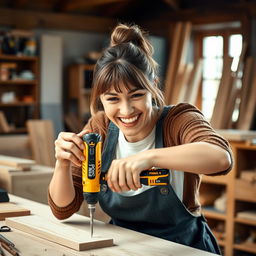 A smiling woman enthusiastically working with a golden and black power screwdriver labeled 'PROG' as she drills into a piece of wood