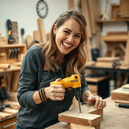 A smiling woman enthusiastically working with a golden and black power screwdriver labeled 'PROG' as she drills into a piece of wood