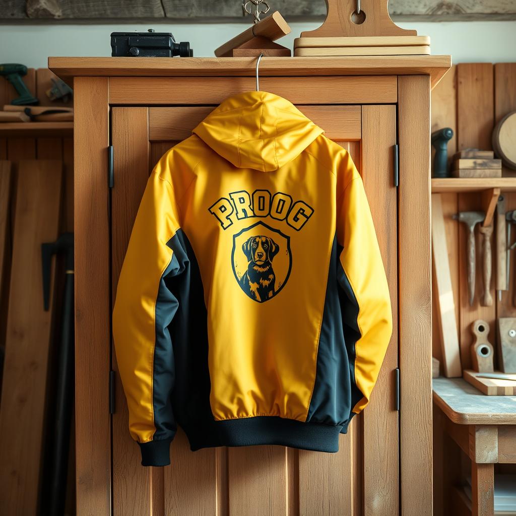 A stylish golden and black jacket labeled 'PROG' featuring a logo of a Cocker Spaniel, hanging on the door of a wooden cupboard in a carpentry workshop