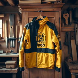 A stylish golden and black jacket labeled 'PROG' featuring a logo of a Cocker Spaniel, hanging on the door of a wooden cupboard in a carpentry workshop