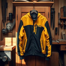 A stylish golden and black jacket labeled 'PROG' featuring a logo of a Cocker Spaniel, hanging on the door of a wooden cupboard in a carpentry workshop