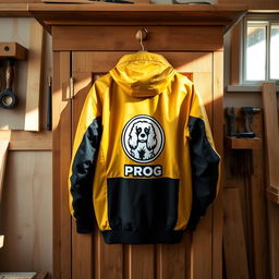 A stylish golden and black jacket labeled 'PROG' featuring a logo of a Cocker Spaniel, hanging on the door of a wooden cupboard in a carpentry workshop