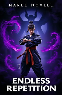 A dramatic cover for a novel titled "Endless Repetition" featuring a young warrior in traditional martial arts attire, standing in a poised stance ready to defend humanity