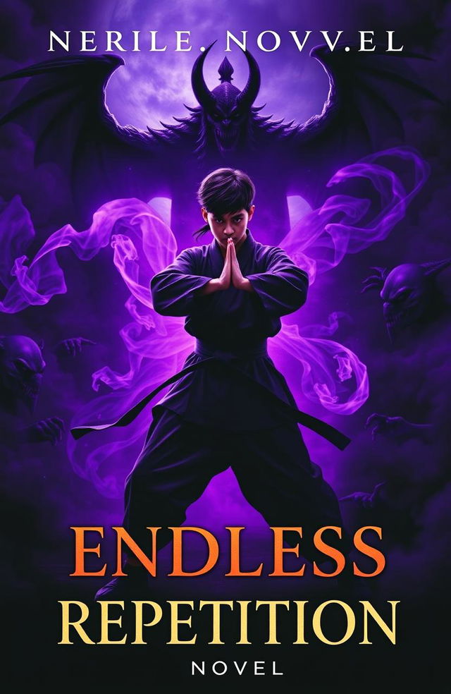 A dramatic cover for a novel titled "Endless Repetition" featuring a young warrior in traditional martial arts attire, standing in a poised stance ready to defend humanity