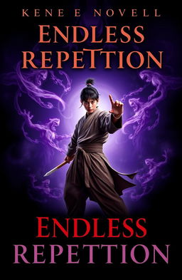 A dramatic cover for a novel titled "Endless Repetition" featuring a young warrior in traditional martial arts attire, standing in a poised stance ready to defend humanity
