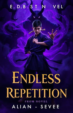 A dramatic cover for a novel titled "Endless Repetition" featuring a young warrior in traditional martial arts attire, standing in a poised stance ready to defend humanity