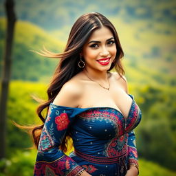 A beautiful Acehnese woman with a generous bust, playfully alluring and embodying a sense of confidence