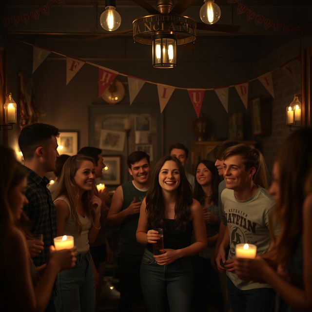 A cinematic scene depicting a college fraternity initiation night, showing young adults in their early twenties gathered in a dimly lit room filled with decorations like banners and candles