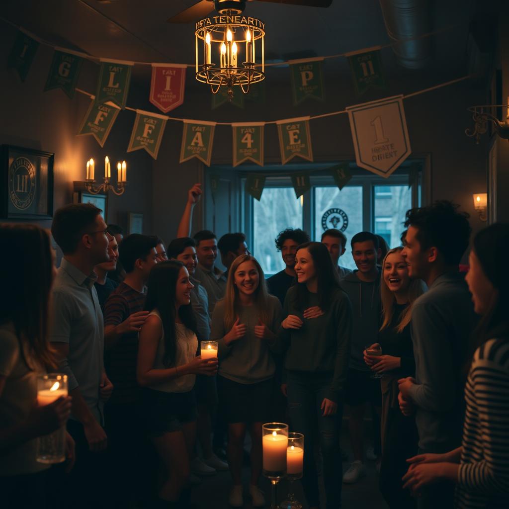 A cinematic scene depicting a college fraternity initiation night, showing young adults in their early twenties gathered in a dimly lit room filled with decorations like banners and candles