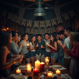 A cinematic scene depicting a college fraternity initiation night, showing young adults in their early twenties gathered in a dimly lit room filled with decorations like banners and candles