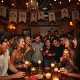A cinematic scene depicting a college fraternity initiation night, showing young adults in their early twenties gathered in a dimly lit room filled with decorations like banners and candles