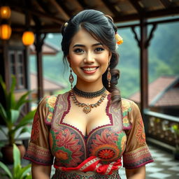 A beautiful Minangkabau woman with a generous bust, exuding charm and playfulness