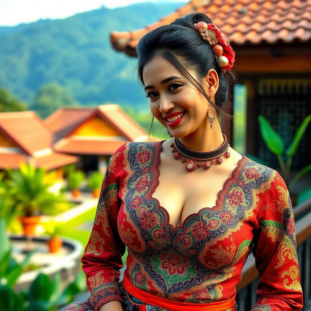 A beautiful Minangkabau woman with a generous bust, exuding charm and playfulness