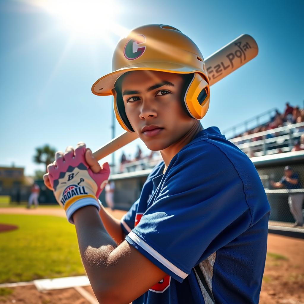 A dynamic portrait of a teenage baseball player in action, brightly colored uniform with team logo, holding a baseball bat, ready to swing, intense focus on their face, sun shining down, a baseball diamond in the background, spectators cheering in the stands, clear blue sky, capturing the excitement and energy of a baseball game, athletic build, vibrant colors