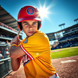 A dynamic portrait of a teenage baseball player in action, brightly colored uniform with team logo, holding a baseball bat, ready to swing, intense focus on their face, sun shining down, a baseball diamond in the background, spectators cheering in the stands, clear blue sky, capturing the excitement and energy of a baseball game, athletic build, vibrant colors