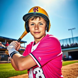 A dynamic portrait of a teenage baseball player in action, brightly colored uniform with team logo, holding a baseball bat, ready to swing, intense focus on their face, sun shining down, a baseball diamond in the background, spectators cheering in the stands, clear blue sky, capturing the excitement and energy of a baseball game, athletic build, vibrant colors