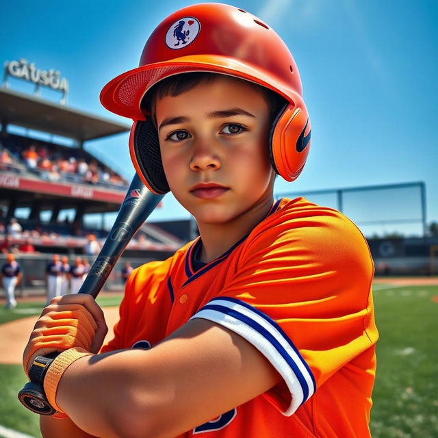 A dynamic portrait of a teenage baseball player in action, brightly colored uniform with team logo, holding a baseball bat, ready to swing, intense focus on their face, sun shining down, a baseball diamond in the background, spectators cheering in the stands, clear blue sky, capturing the excitement and energy of a baseball game, athletic build, vibrant colors