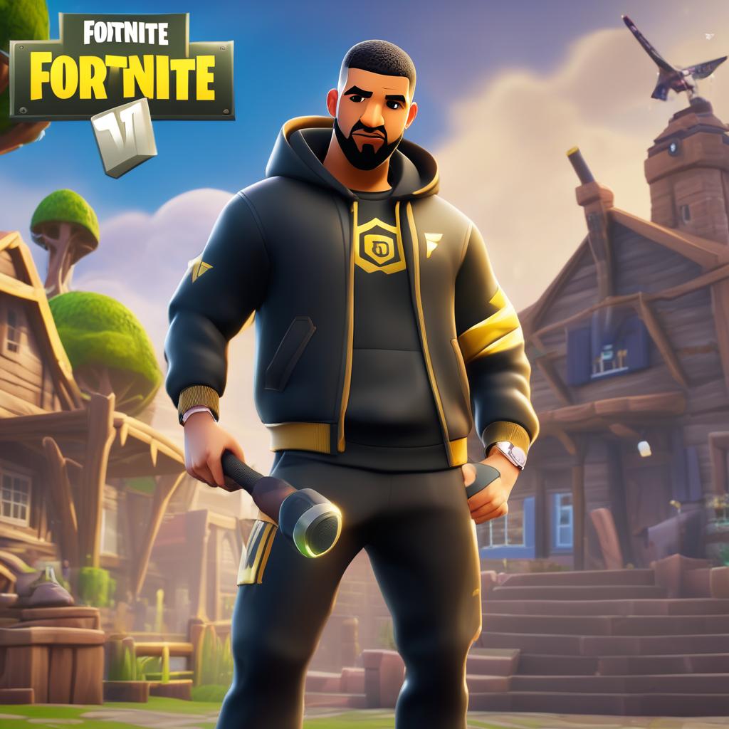 Rapper Drake as a Fortnite skin in 32K HD, wearing a black tracksuit with gold accents and wielding a microphone-shaped pickaxe against a dynamic Fortnite map background