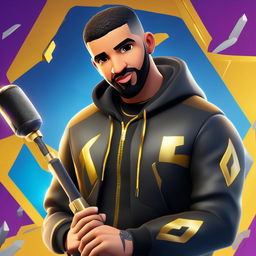 Rapper Drake as a Fortnite skin in 32K HD, wearing a black tracksuit with gold accents and wielding a microphone-shaped pickaxe against a dynamic Fortnite map background