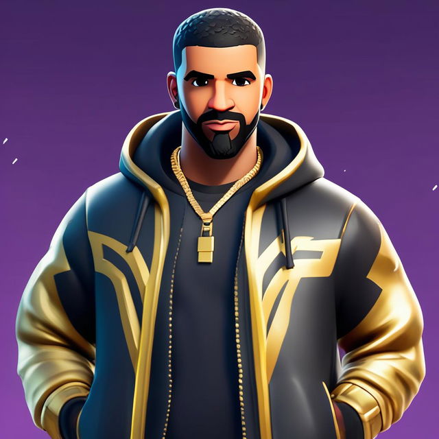 Rapper Drake as a Fortnite skin in 32K HD, wearing a black tracksuit with gold accents and wielding a microphone-shaped pickaxe against a dynamic Fortnite map background