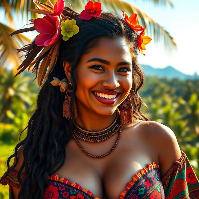 A beautiful Papuan woman with a generous bust, radiating charm and natural beauty