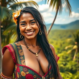 A beautiful Papuan woman with a generous bust, radiating charm and natural beauty