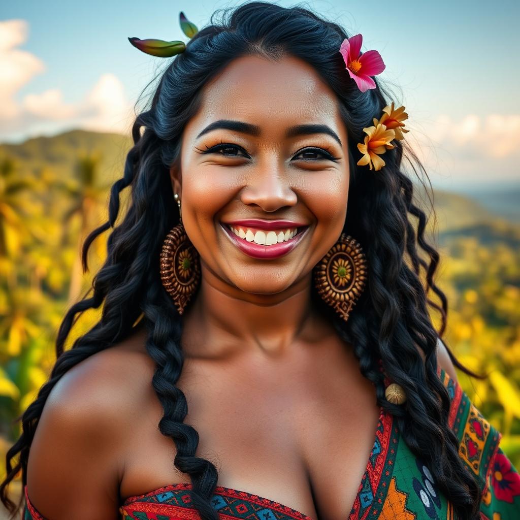 A beautiful Papuan woman with a generous bust, radiating charm and natural beauty