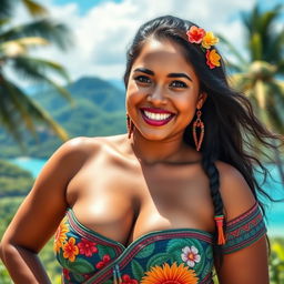 A beautiful Papuan woman with a generous bust, radiating charm and natural beauty
