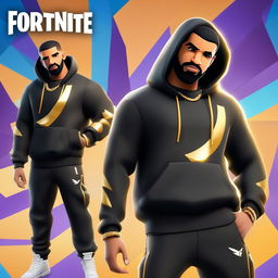 Rapper Drake as a Fortnite skin in 32K HD, wearing a black tracksuit with gold accents and wielding a microphone-shaped pickaxe against a dynamic Fortnite map background