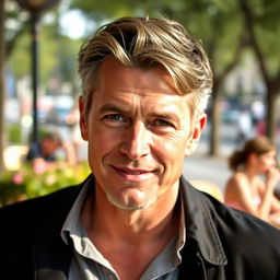 A charming 50-year-old single man, exuding confidence and charisma