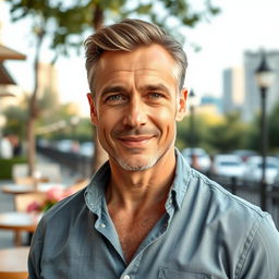 A charming 50-year-old single man, exuding confidence and charisma