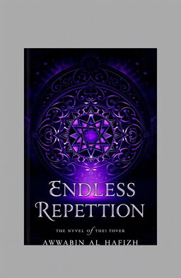 A dramatic book cover for the novel 'Endless Repetition' featuring ancient, mystical symbols intricately arranged in complex patterns, illuminated in deep, shadowy purple hues that appear almost black