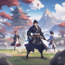Generate an image of characters and landscape from the action role-playing game, Genshin Impact, in an epic action scene.