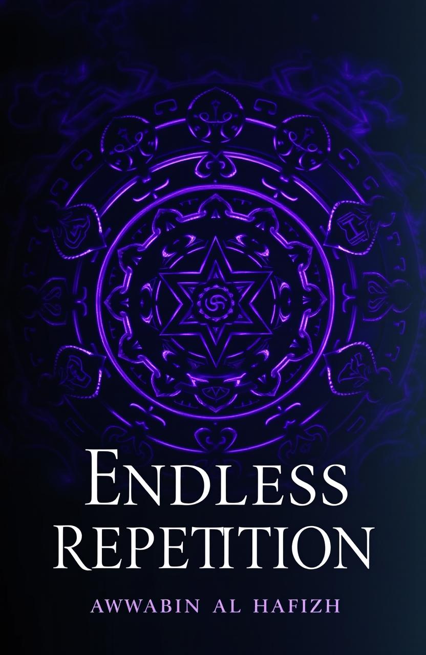 A dramatic book cover for the novel 'Endless Repetition' featuring ancient, mystical symbols intricately arranged in complex patterns, illuminated in deep, shadowy purple hues that appear almost black