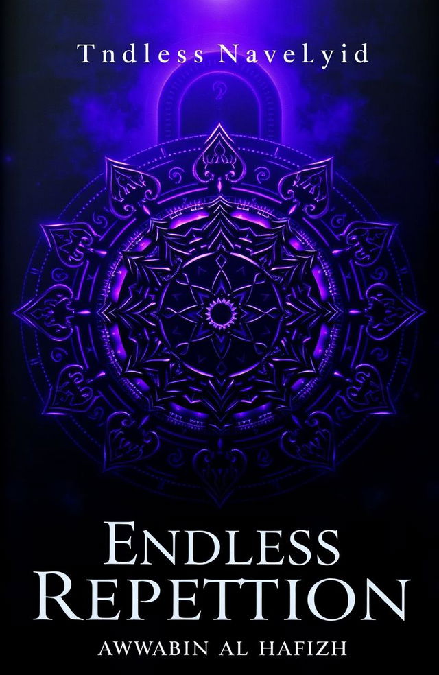 A dramatic book cover for the novel 'Endless Repetition' featuring ancient, mystical symbols intricately arranged in complex patterns, illuminated in deep, shadowy purple hues that appear almost black