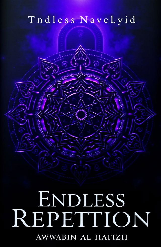 A dramatic book cover for the novel 'Endless Repetition' featuring ancient, mystical symbols intricately arranged in complex patterns, illuminated in deep, shadowy purple hues that appear almost black