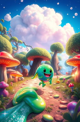 A vibrant and whimsical scene depicting a colorful, animated slime character embarking on an exciting adventure in a magical forest
