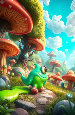 A vibrant and whimsical scene depicting a colorful, animated slime character embarking on an exciting adventure in a magical forest