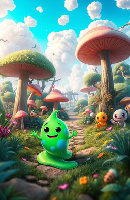 A vibrant and whimsical scene depicting a colorful, animated slime character embarking on an exciting adventure in a magical forest
