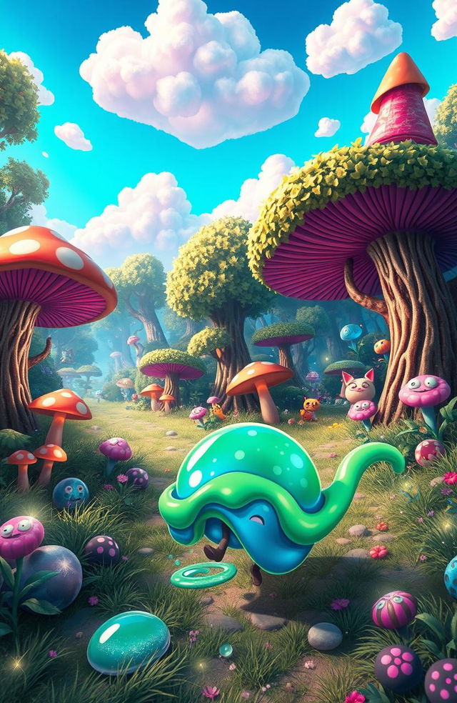 A vibrant and whimsical scene depicting a colorful, animated slime character embarking on an exciting adventure in a magical forest